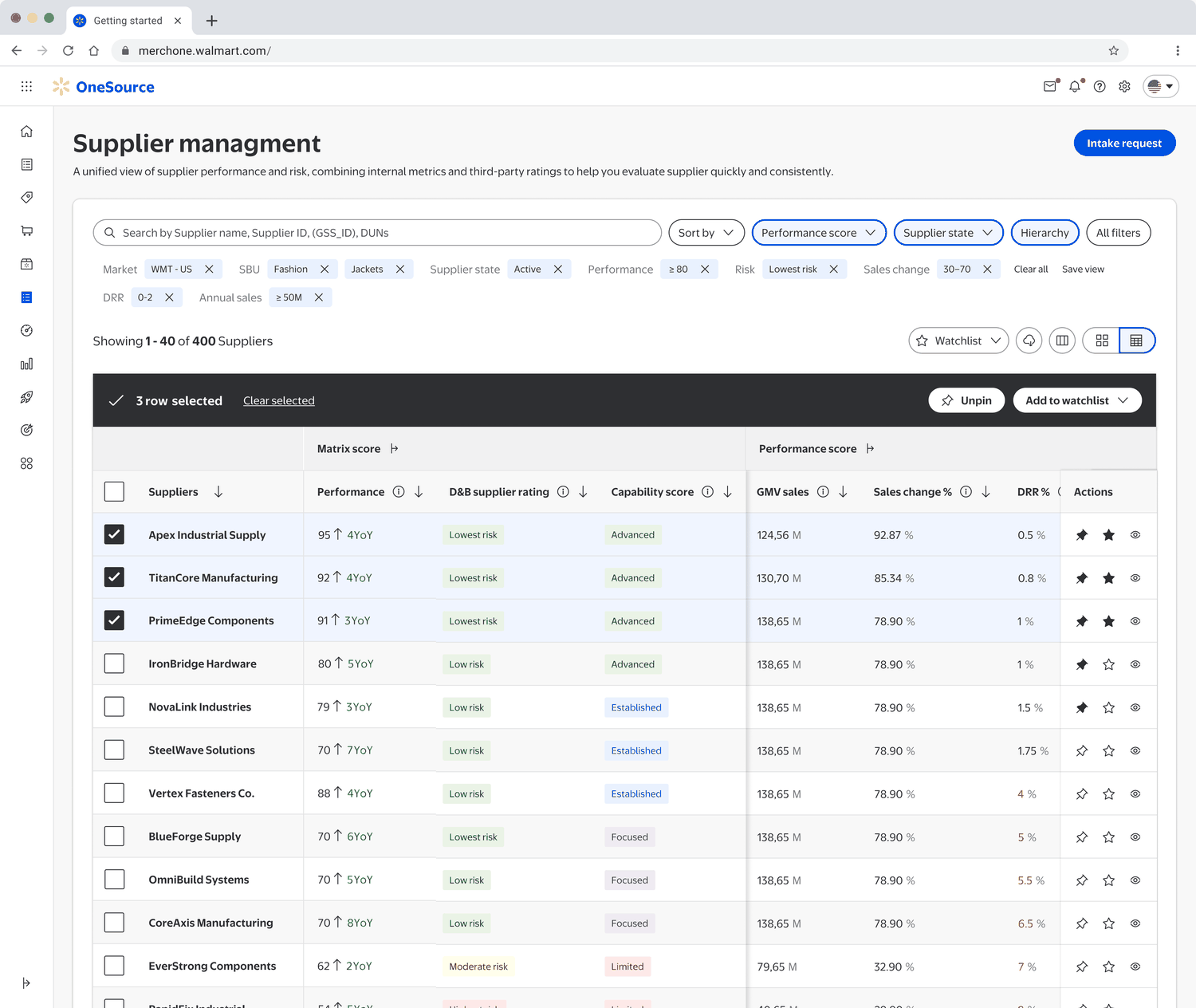 Compare suggested suppliers side by side across score columns