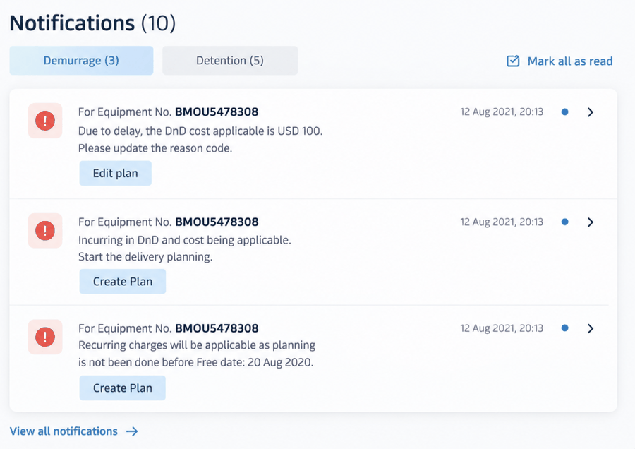Notifications panel — Demurrage and Detention tabs with Edit plan and Create Plan actions