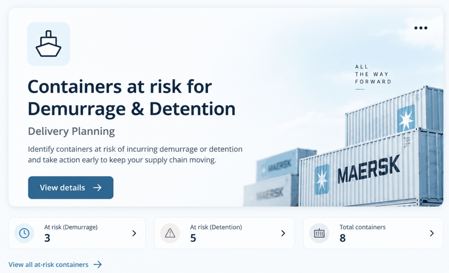Containers at risk for Demurrage and Detention — summary card with at-risk breakdown and View details action