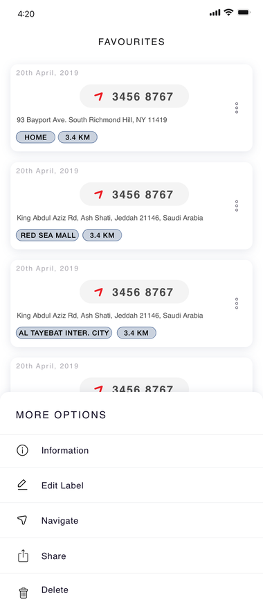 Location options: information, edit, navigate, share, delete
