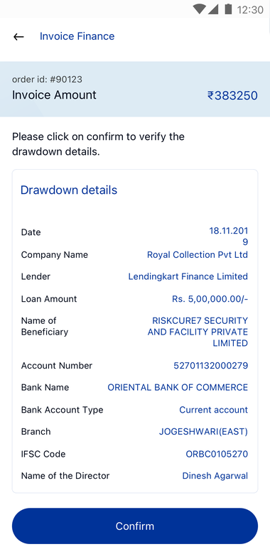 Invoice finance drawdown confirmation