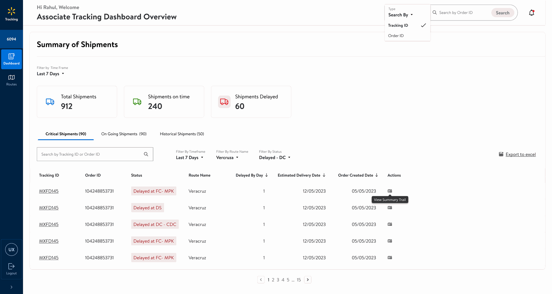 Search by Tracking ID or Order ID