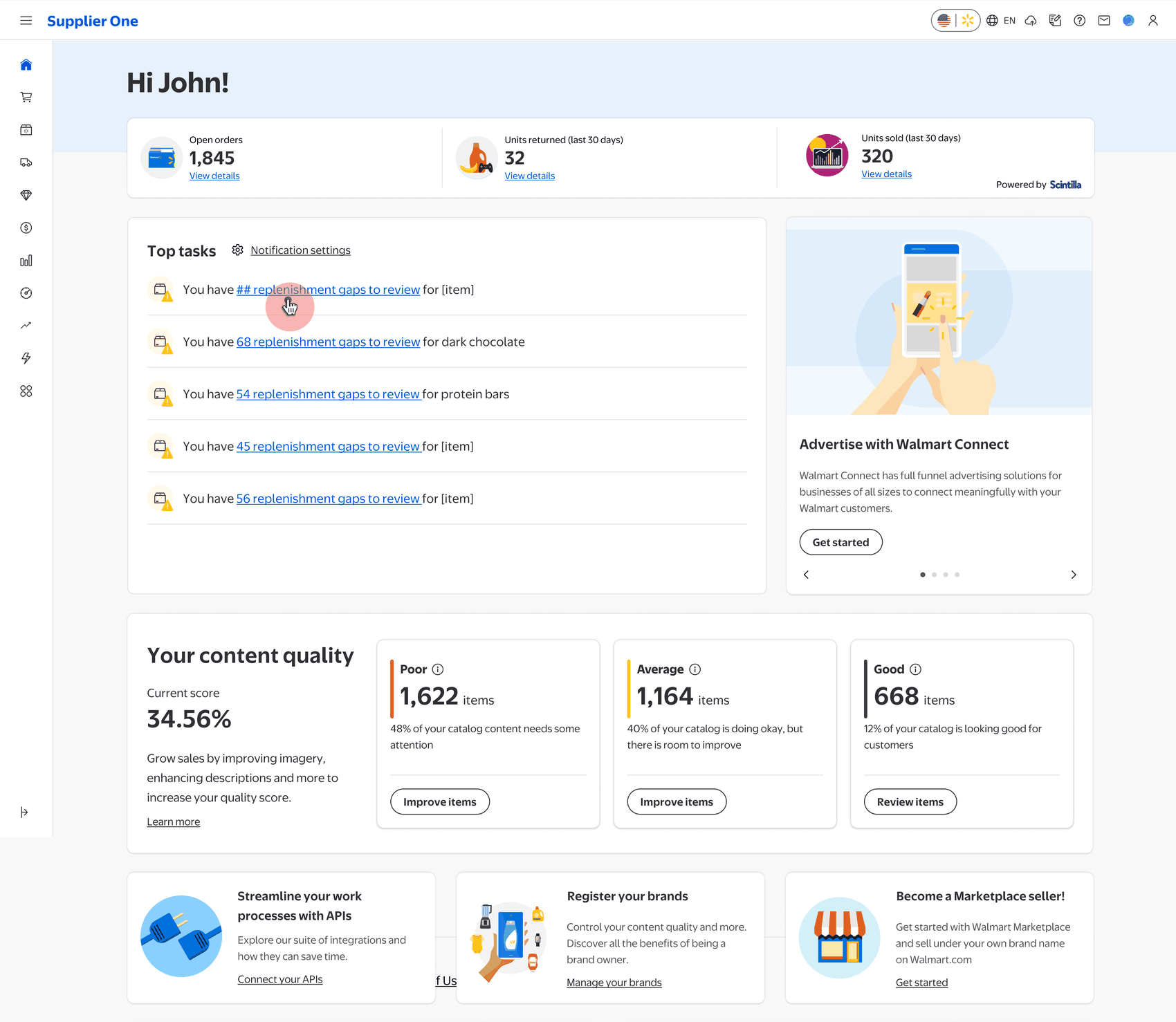 Supplier One homepage — Top Tasks listing in-stock recommendations by category