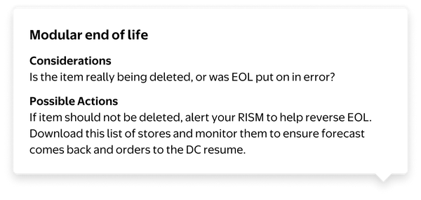 Popover explaining the Modular end of life out-of-stock reason, with considerations and possible actions