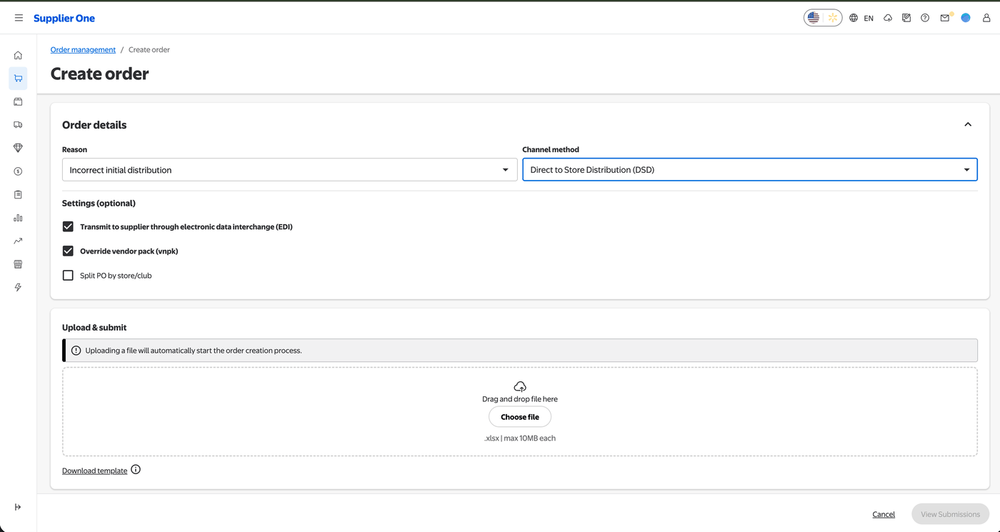 Create order — uploading a prefilled purchase order in Supplier One
