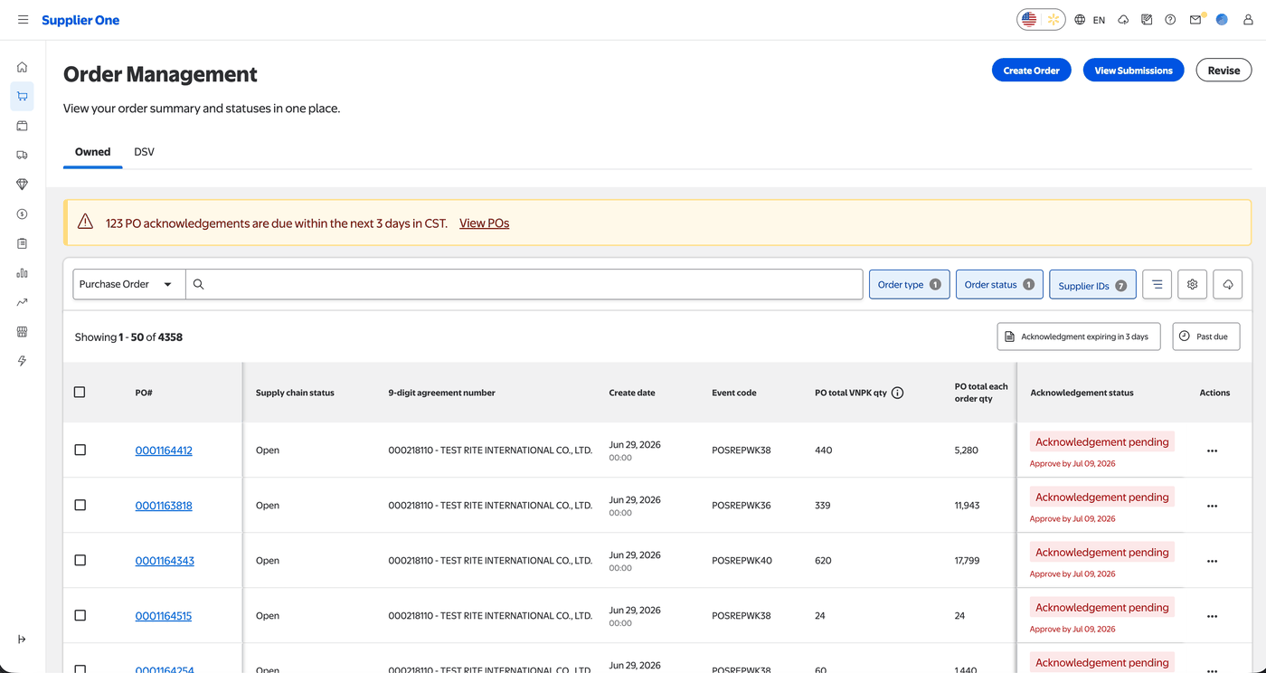 Supplier One Order Management — purchase orders and acknowledgement status