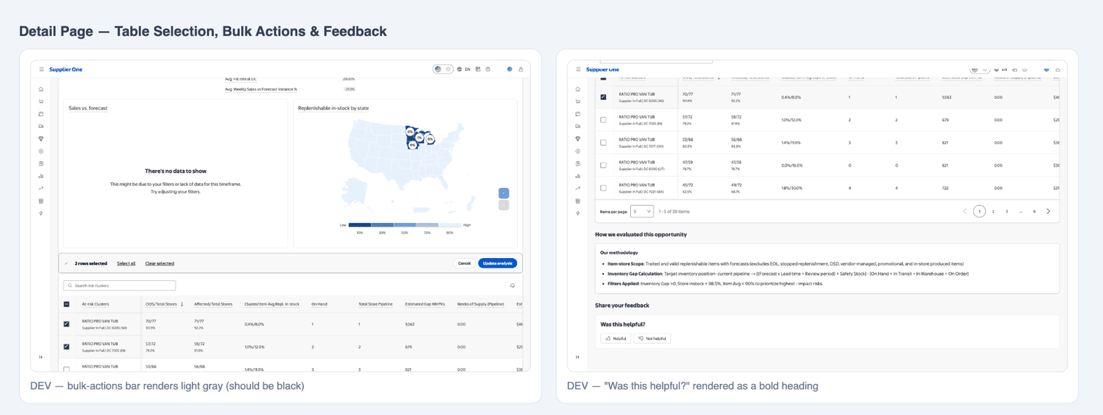 Interaction and component details — bulk-action styling, checkbox alignment and feedback typography differences